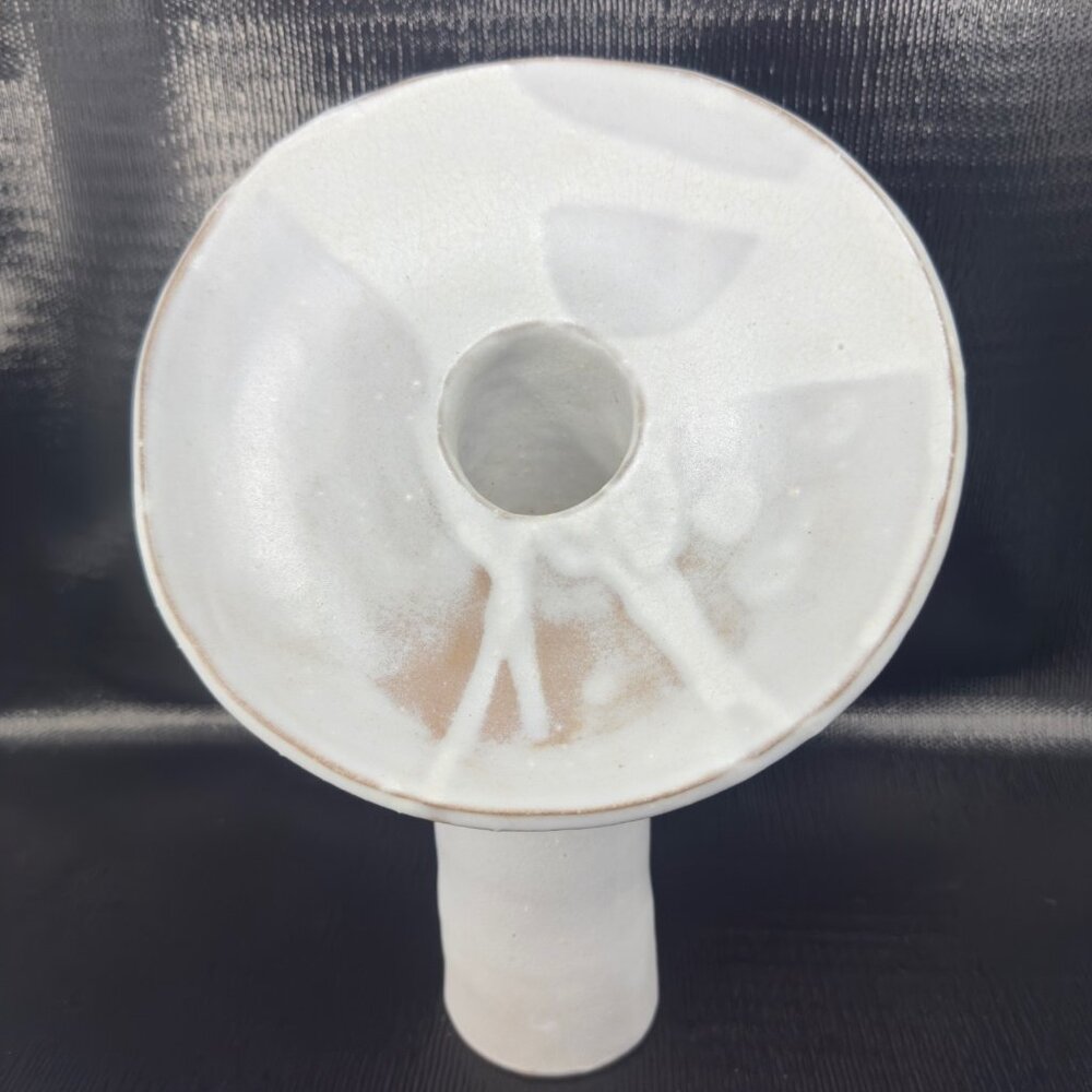 1971 Hand Made Pottery Vase Vessel White Drip Glaze Artist Signed Abstract Shape